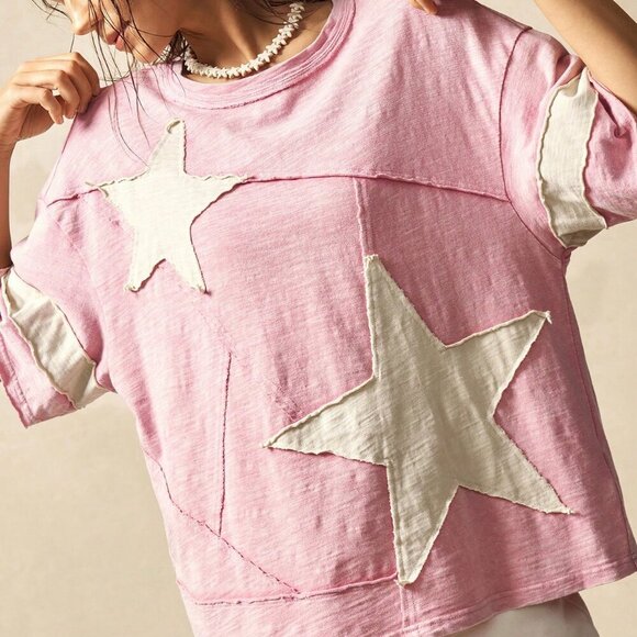 Pink Casual Women's Boho Knit Round Neck Short Sleeve Loose Fit Washed T-Shirt - Picture 1 of 7